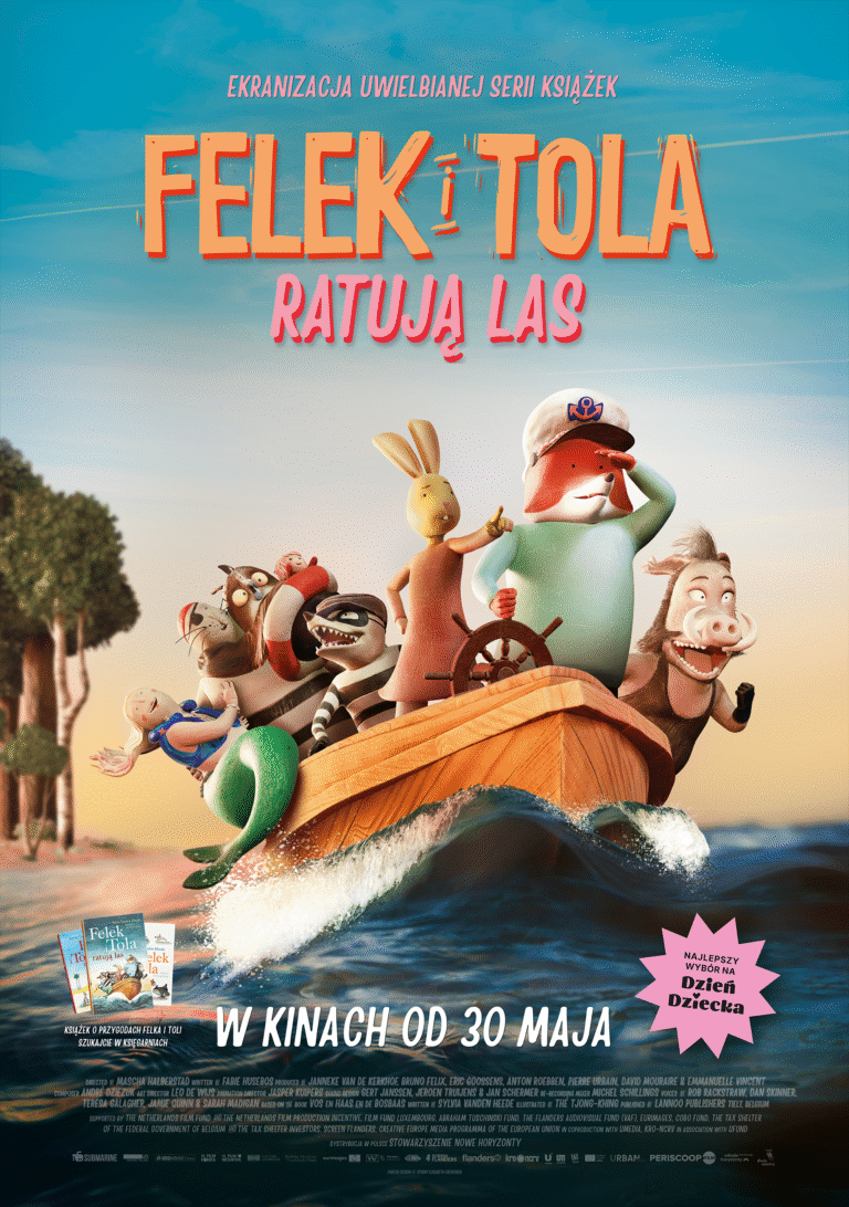 Felek i tola ratują las plakat filmu na którym są zwierzęta na łodzi