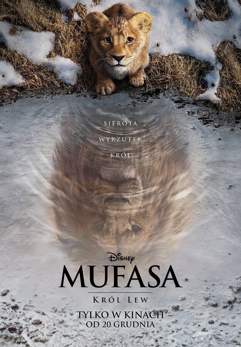 plakat filmu ,,Mufasa: król lew" - lwiątko wpatrzony w kałużę widzący swoje odbicie jako dorosłego Lwa