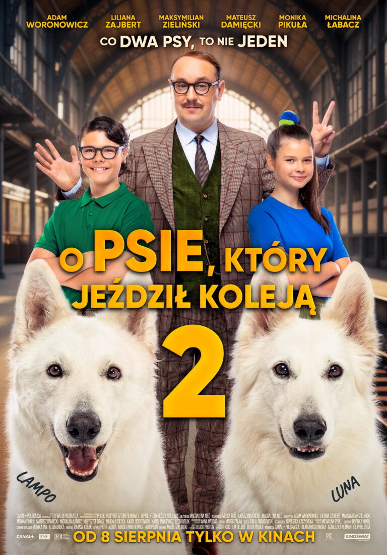 plakat filmu ,,O psie który jeździł koleją 2" - dwa psy husky na tle peronu, trzy osoby za nimi, dziewczynka po prawej, chłopczyk po lewej, oraz starszy pan pośrodku