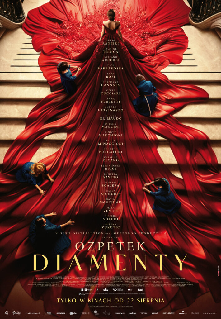 plakat filmu diamenty z kobietą w czerwonej sukni, która rozciąga się na schody.