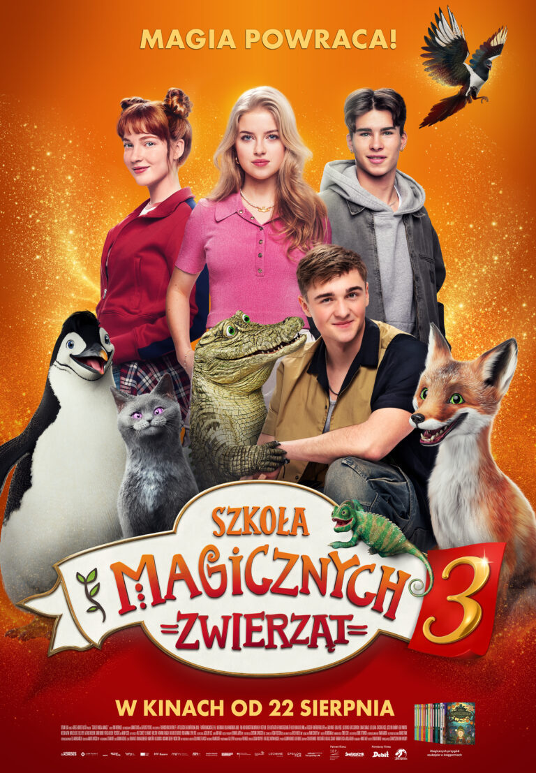 szkoła magicznych zwierząt, zwierzęta i dzieci na pomarańczowym plakacie