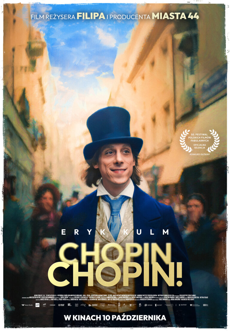 plakat filmu ,,Chopin Chopin! przedstawiający postać Chopina w cylindrze na tle Paryża