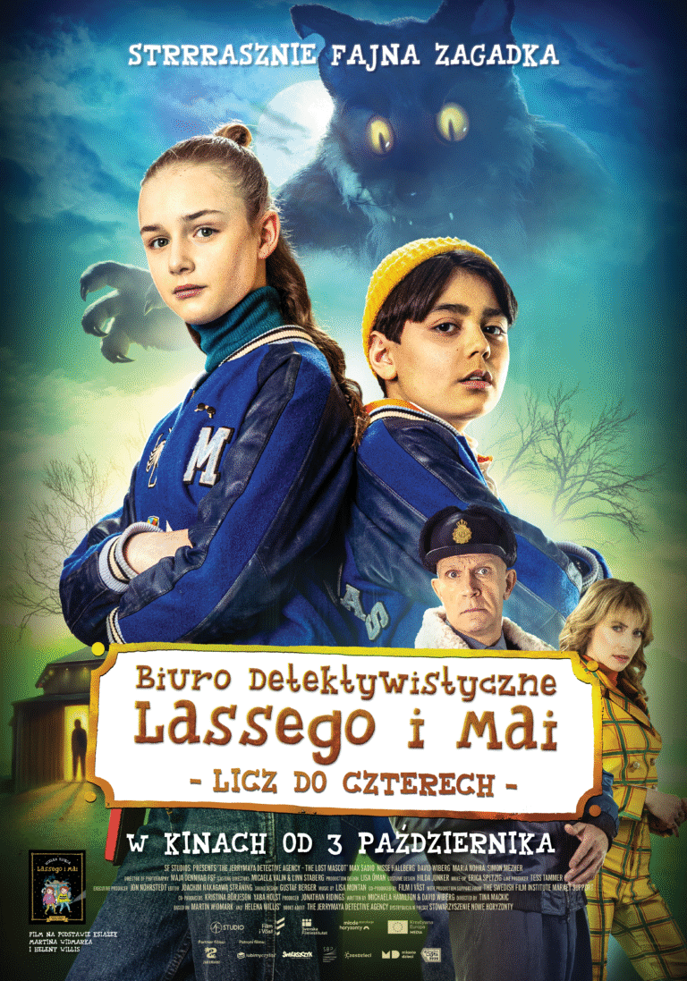 Biuro Detektywistyczne Lassego i Mai: Licz do czterech plakat filmu przedstawiający dziewczynkę i chłopca pozującego na tle plakatu.