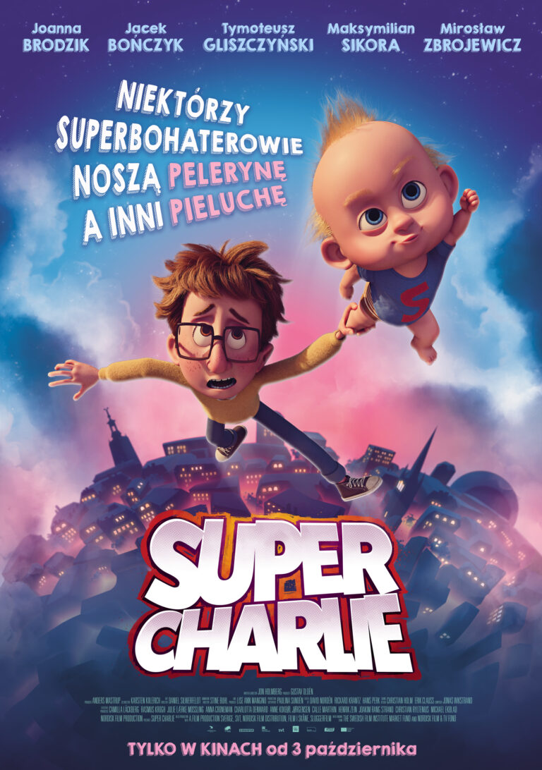 Super Charlie plakat przedstawiający dwóch dzieciaków super bohaterów na tle chmur