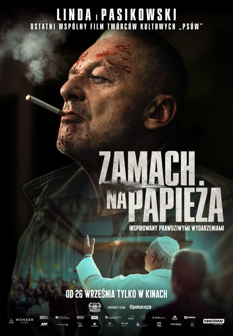 plakat filmu ,,Zamach na papieża" przedstawiający bogusława linde który pali papierosa