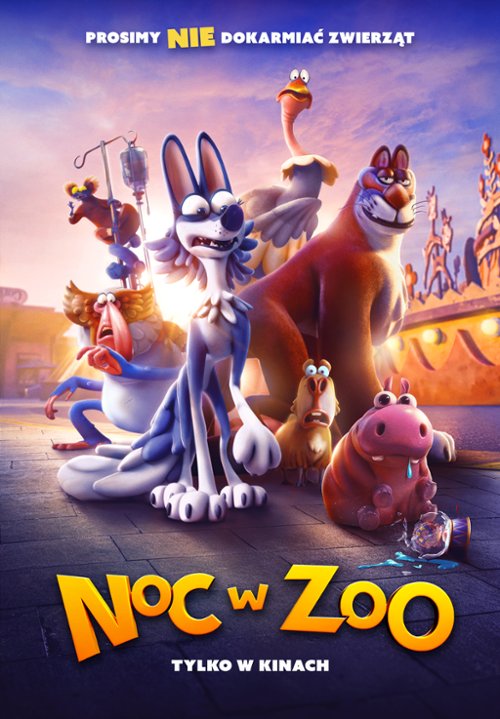 Plakat animowanego filmu „Noc w zoo”. Na pierwszym planie widać grupę kolorowych, komicznie przedstawionych zwierząt stojących na brukowanej alejce – wilka, hipopotama, lwa, ptaka, żółwia i małpę. Wszystkie wyglądają na zaskoczone lub przestraszone. W tle widać budynki przypominające fragmenty zoo oświetlone ciepłym światłem zachodzącego słońca. U góry plakatu znajduje się napis „Prosimy nie dokarmiać zwierząt”, a na dole duży, żółto-pomarańczowy tytuł filmu: „Noc w Zoo” oraz dopisek „Tylko w kinach”.