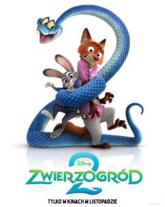 Na plakacie filmu „Zwierzogród 2” widzimy grupę znanych bohaterów — m.in. króliczkę detektyw Judy Hopps oraz lisa detektywa Nick Wilde — splecionych przez niebiesko-szarego węża układającego się w cyfrę 2, Centralny tytuł „ZWIERZOGRÓD 2” jest umieszczony na dole plakatu, napisany dużą, czytelną czcionką, kontrastującą z tłem. Tło jest białe, co pozwala postaciom i kolorowym detalom się wybić.