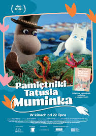 Plakat animacji „Pamiętniki tatusia Muminka” przedstawia Tatusia Muminka w kapeluszu oraz Muminka stojących nad wodą wśród kolorowych roślin. Obie postacie mają spokojny, przyjazny wyraz twarzy. Całość utrzymana jest w pastelowej, baśniowej stylistyce, z tytułem filmu zapisanym dużymi literami pośrodku plakatu.