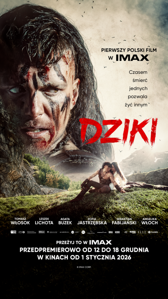Plakat filmu „Dziki” przedstawia mężczyznę o długich włosach i surowym, zakrwawionym obliczu, z wojennymi malunkami na twarzy, patrzącego intensywnie przed siebie. W dolnej części plakatu widać parę siedzącą na trawie w górskim krajobrazie. Tytuł „Dziki” zapisany jest dużymi, czerwonymi literami, obok informacji „Pierwszy polski film w IMAX”