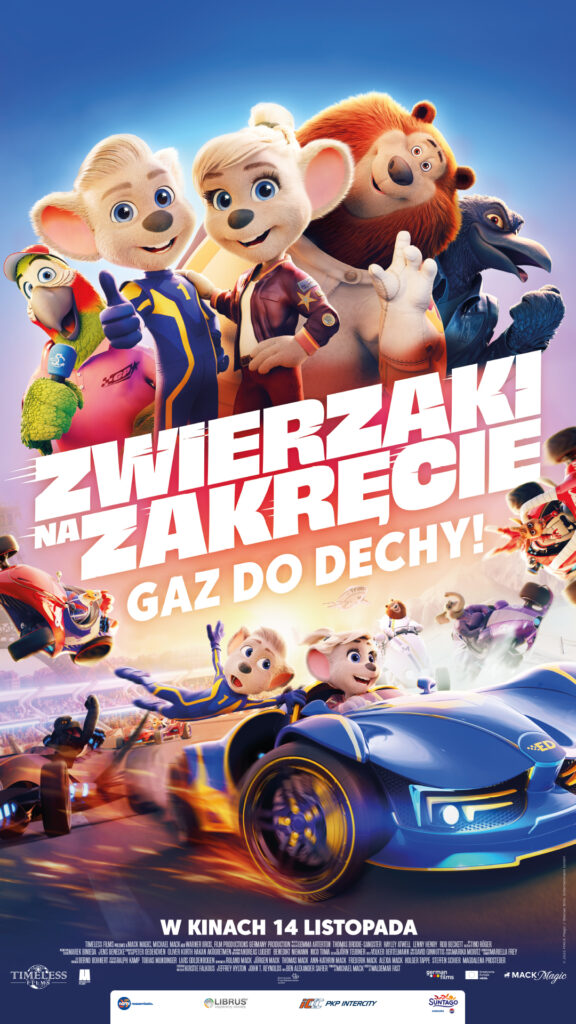 Plakat animacji „Zwierzaki na zakręcie. Gaz do dechy!” przedstawia grupę uśmiechniętych, antropomorficznych zwierząt w dynamicznej scenie wyścigu. Na pierwszym planie widać dwie myszki w sportowych strojach jadące niebieskim samochodem, a wokół nich inne zwierzęta w pojazdach. Całość utrzymana jest w jasnej, kolorowej stylistyce pełnej ruchu i energii, z dużym tytułem filmu pośrodku plakatu.