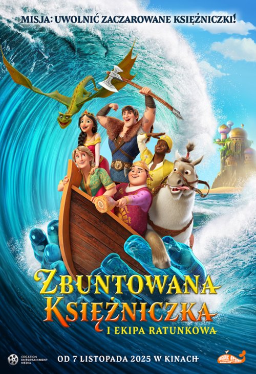 Plakat animowanej, familijnej produkcji przedstawia żywą, kolorową scenę z postaciami z filmu. W centralnej części widoczna jest księżniczka — młoda kobieta w sukni i koronie, uśmiechnięta i pełna energii. Obok niej stoi lub jedzie na dużym niedźwiedziu mężczyzna o nieco zagubionym, ale komicznym wyrazie twarzy, patrzący w bok. Wokół nich, w tle, pojawiają się również inni bohaterowie – różne postacie animowane sugerujące członków “ekipy ratunkowej”. Cała scena ma jasne, ciepłe barwy — błękitne niebo i charakterystyczną dla animacji paletę kolorów. W dolnej części plakatu umieszczony jest tytuł filmu: Zbuntowana księżniczka i ekipa ratunkowa
