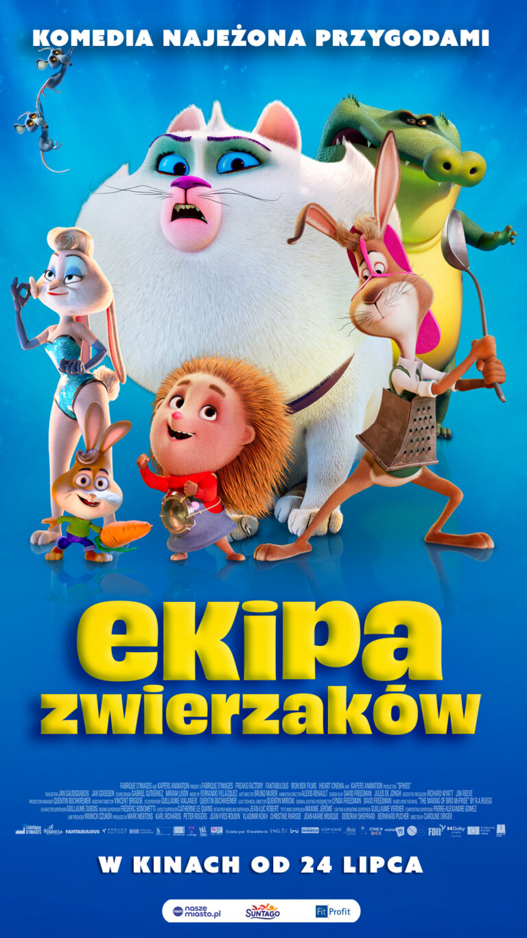 Plakat utrzymany jest w intensywnej niebieskiej kolorystyce z jednolitym gradientowym tłem. W centrum znajduje się grupa animowanych bohaterów. Największą postacią jest puszysta biała kotka o niebieskich oczach i przestraszonym wyrazie twarzy. Przed nią stoi mały jeż w czerwonym sweterku, trzymający metalową pokrywkę niczym tarczę. Po prawej stronie znajduje się wysoki zając w fartuchu kuchennym, trzymający tarkę i patelnię jak broń. Za nim stoi zielony krokodyl z groźną miną. Po lewej stronie widoczna jest elegancko ubrana króliczka oraz mały królik trzymający marchewkę. W lewym górnym rogu dwa niewielkie szczury zwisają jeden pod drugim. Na górze umieszczono hasło: „Komedia najeżona przygodami”. W dolnej części plakatu znajduje się bardzo duży żółty tytuł: „Ekipa zwierzaków”. Jeszcze niżej umieszczono datę premiery: „W kinach od 24 lipca”, a pod nią drobne logotypy sponsorów i producentów.