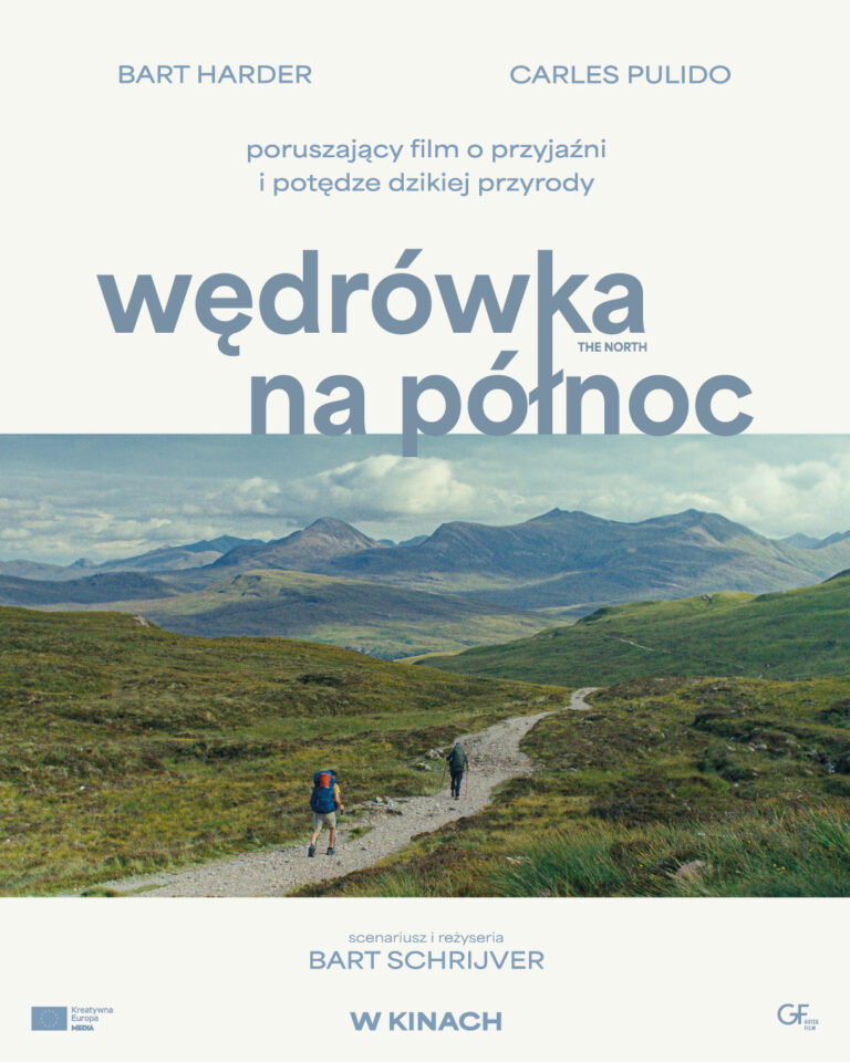 Plakat przedstawia rozległy górski krajobraz z wijącą się przez dolinę kamienistą ścieżką. Drogą idą dwie osoby z plecakami, oddalające się od widza. W tle rozciągają się zielone wzgórza i pasma gór pod zachmurzonym niebem. Górną część plakatu zajmuje jasne tło z dużym, szaroniebieskim tytułem „Wędrówka na północ”, który częściowo nachodzi na zdjęcie krajobrazu.