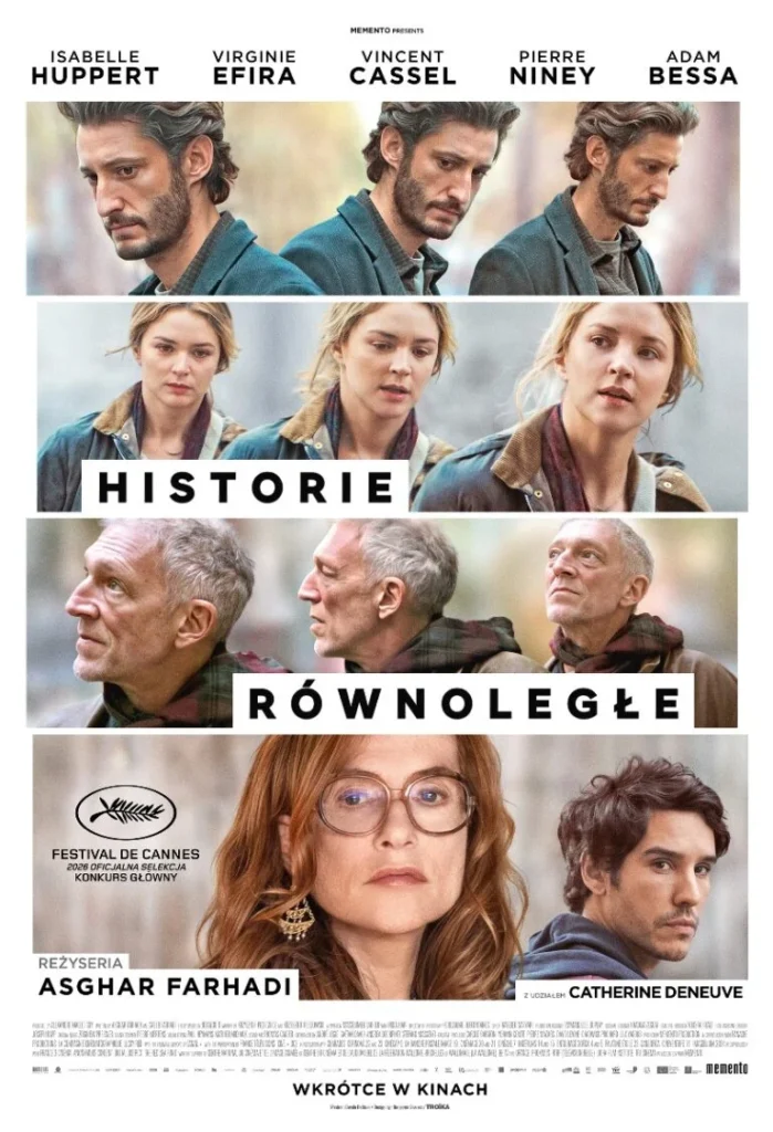 Plakat zbudowany jest z kilku poziomych kadrów przedstawiających bohaterów filmu. W każdym z nich widoczna jest inna postać sfotografowana z bliska lub w półzbliżeniu. Na środku plakatu znajduje się tytuł „Historie równoległe”, podzielony na dwa białe prostokąty z czarnym napisem. W dolnej części widoczne są dwie kolejne postacie oraz informacje o reżyserze, festiwalu i premierze kinowej.